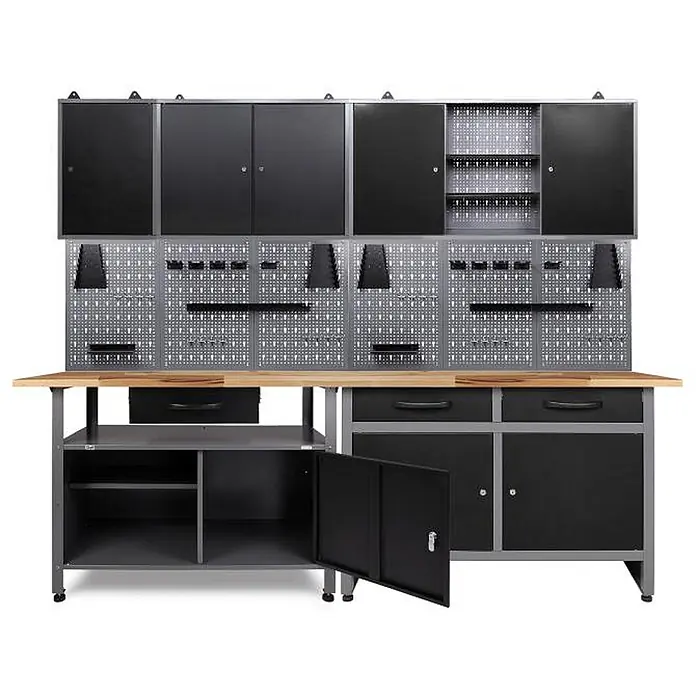 Ondis24 Werkbank-Set - L x B: 240 x 60 cm, Arbeitshöhe: 850 mm, Metall - Schwarzes und graues Metall-Werkstattsystem mit Holzplatte, Hängeschränken, Lochwänden und Unterschränken.