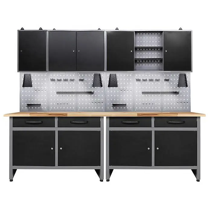 Ondis24 Werkbank-Set - L x B: 240 x 60 cm, Arbeitshöhe: 850 mm, Metall - Schwarz-silbernes Metall-Werkstattregalsystem mit Holz-Arbeitsplatte, bestehend aus Ober- und Unterschränken, Schubladen und Lochwänden.