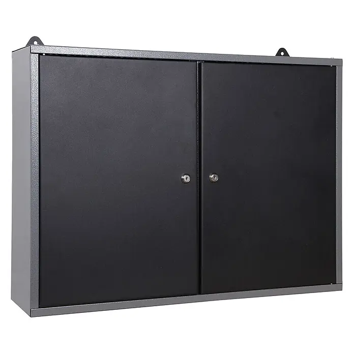 Ondis24 Werkbank-Set - L x B: 160 x 60 cm, Arbeitshöhe: 850 mm, Metall - Wandhängender Metallschrank mit zwei Türen, grauem Rahmen, schwarzen strukturierten Türen, zwei Schlössern und Hängehaken.