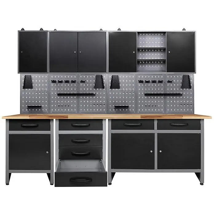 Ondis24 Werkbank-Set - Arbeitshöhe: 850 mm, Metall - Schwarze und graue Metallwerkbank mit Holzplatte, mit Oberschränken, Lochwänden und Unterschränken mit Schubladen und Türen.