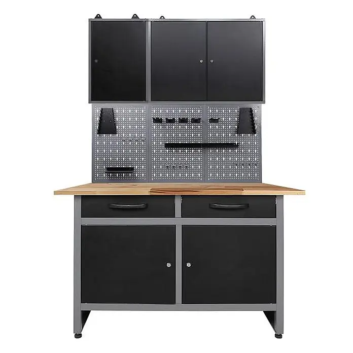 Ondis24 Werkbank-Set - L x B: 120 x 60 cm, Arbeitshöhe: 850 mm, Metall - Schwarz-graue Metallwerkbank mit Holzplatte, zwei Schubladen, zwei Unterschränken, grauer Lochwand und drei schwarzen Oberschränken zur Werkzeugaufbewahrung.
