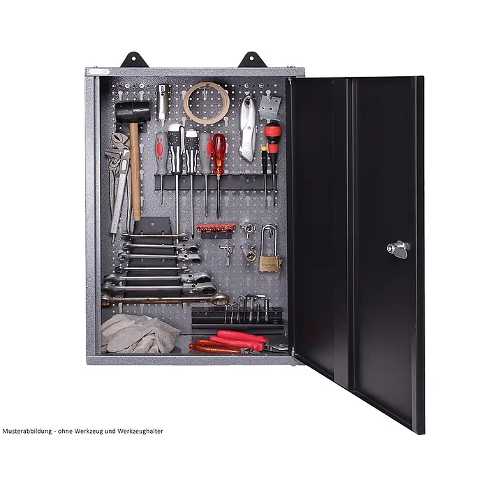 Ondis24 Werkbank-Set - L x B: 120 x 60 cm, Arbeitshöhe: 850 mm, Metall - Grauer, geöffneter Werkzeugschrank aus Metall mit schwarzer Tür, gefüllt mit verschiedenen Werkzeugen.