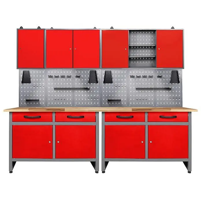 Ondis24 Werkbank-Set - L x B: 240 x 60 cm, Arbeitshöhe: 850 mm, Metall - Rote und graue Werkbank mit Oberschränken, Lochwand und Unterschränken mit Schubladen und Türen, mit Holzplatte.