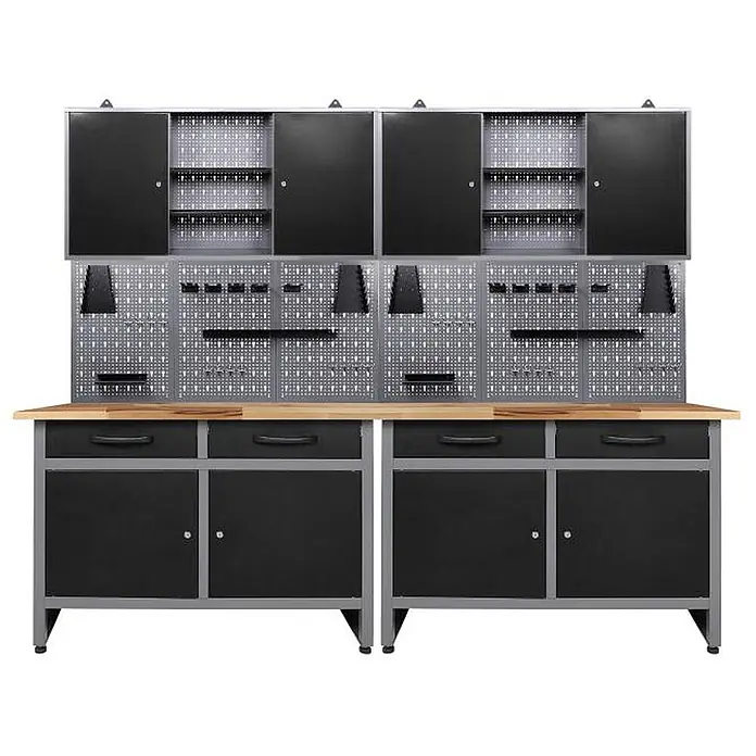 Ondis24 Werkbank-Set - L x B: 240 x 60 cm, Arbeitshöhe: 850 mm, Metall - Schwarz-graues Metall-Werkstattregal mit Holzarbeitsplatte, Hängeschränken, Lochwänden und Unterschränken.