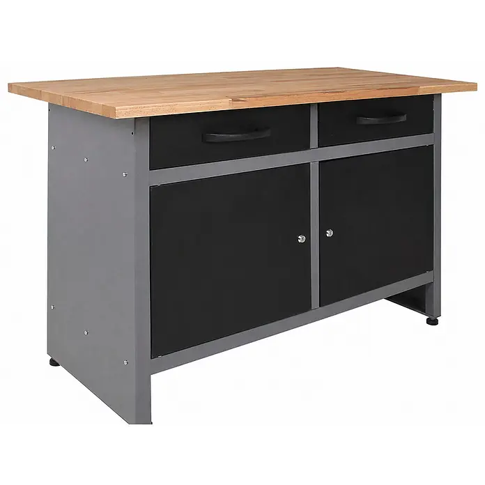 Ondis24 Werkbank-Set - L x B: 240 x 60 cm, Arbeitshöhe: 850 mm, Metall - Werkbank mit Holzarbeitsplatte, grauem Gestell und schwarzem Stauraum (zwei Schubladen, zwei Türen).