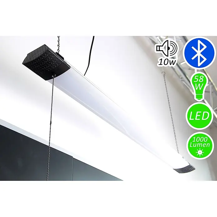 Ondis24 Werkbank-Set - L x B: 240 x 60 cm, Arbeitshöhe: 850 mm, Metall - Weiße lineare LED-Leuchte mit schwarzen strukturierten Enden und Zugkette, von der Decke hängend.