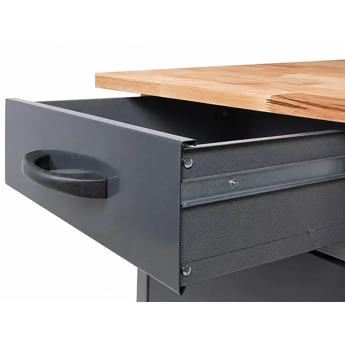 Ondis24 Werkbank-Set - L x B: 240 x 60 cm, Arbeitshöhe: 850 mm, Metall - Offene graue Metallschublade mit schwarzem Griff unter einer Holzplatte, mit Auszugsschienen.