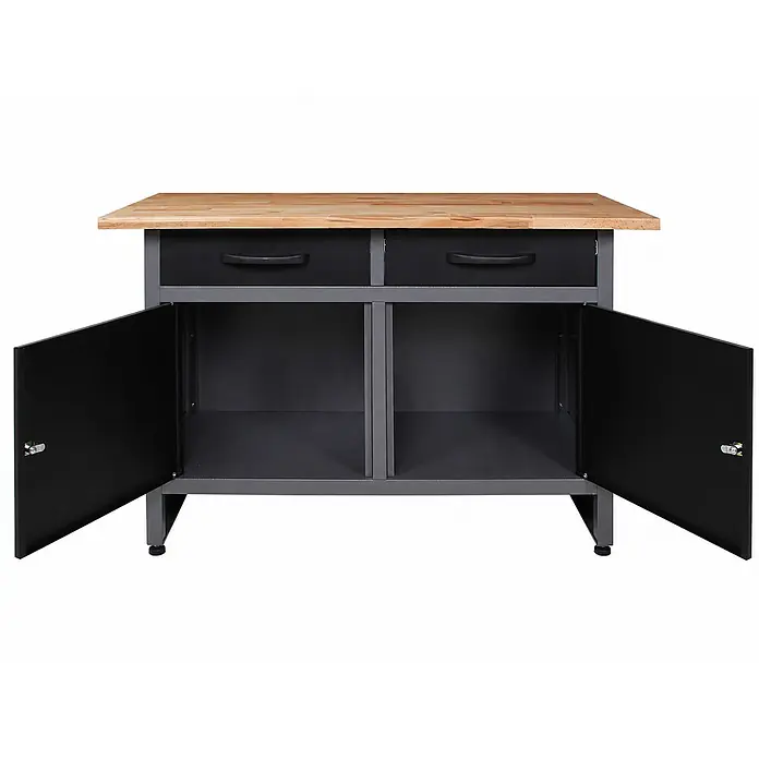 Ondis24 Werkbank-Set - L x B: 240 x 60 cm, Arbeitshöhe: 850 mm, Metall - Graue Metall-Werkbank mit heller Holzplatte, zwei schwarzen Schubladen und zwei Unterschränken mit geöffneten schwarzen Türen.