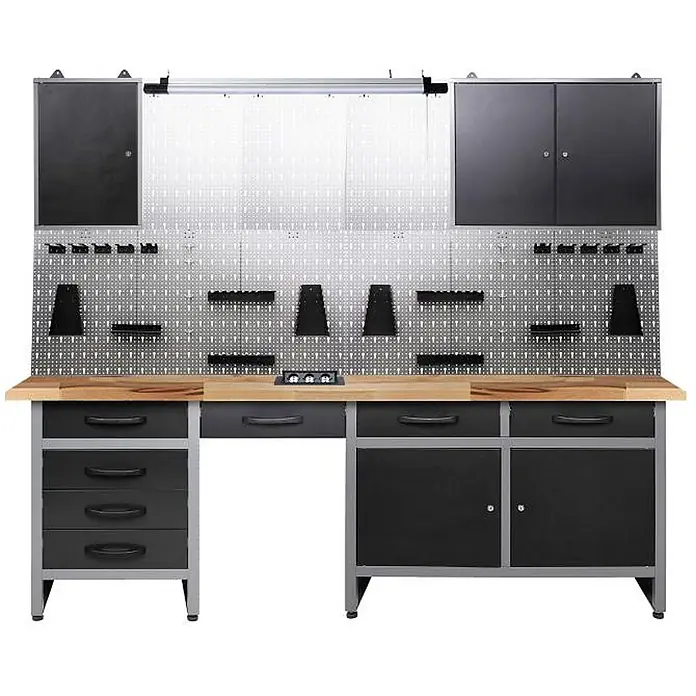 Ondis24 Werkbank-Set - L x B: 240 x 60 cm, Arbeitshöhe: 850 mm, Metall - Schwarze und graue Metallwerkbank mit Holzplatte, Lochwand und integrierten Schränken und Schubladen.