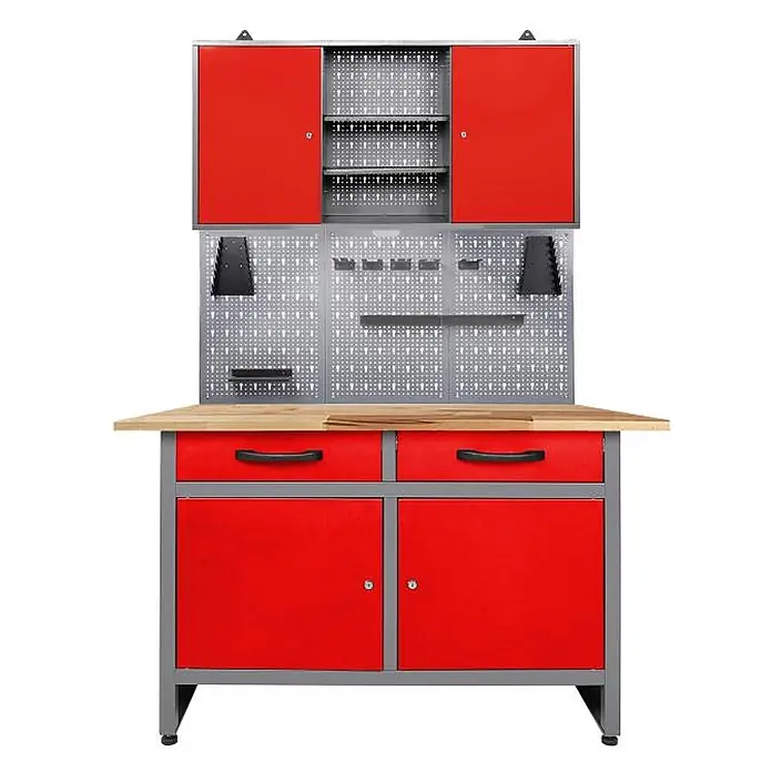 Ondis24 Werkbank-Set - L x B: 120 x 60 cm, Arbeitshöhe: 850 mm, Metall - Rote und graue Metallwerkbank mit Holzplatte, ausgestattet mit Hängeschränken, Lochwand, Schubladen und Unterschränken.