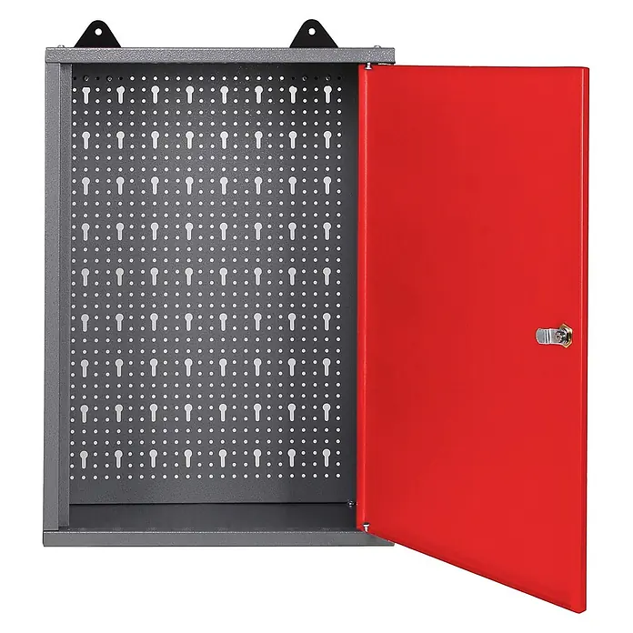 Ondis24 Werkbank-Set - L x B: 240 x 60 cm, Arbeitshöhe: 850 mm, Metall - Grauer Metall-Schlüsselkasten mit geöffneter roter Tür, innen Lochplatte für Schlüsselaufbewahrung und silbernem Schloss.