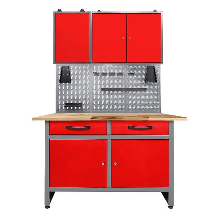 Ondis24 Werkbank-Set - L x B: 120 x 60 cm, Arbeitshöhe: 850 mm, Metall - Rote und graue Metall-Werkbank mit Holzplatte, zwei Schubladen, zwei Unterschränken und einer oberen Einheit mit drei roten Schränken und grauer Lochwand.