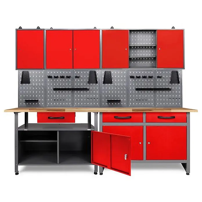Ondis24 Werkbank-Set - L x B: 240 x 60 cm, Arbeitshöhe: 850 mm, Metall - Rot-graue Metall-Werkbank mit Holzplatte, Oberschränken, Lochwand und Unterschränken/Schubladen zur Werkzeugaufbewahrung.