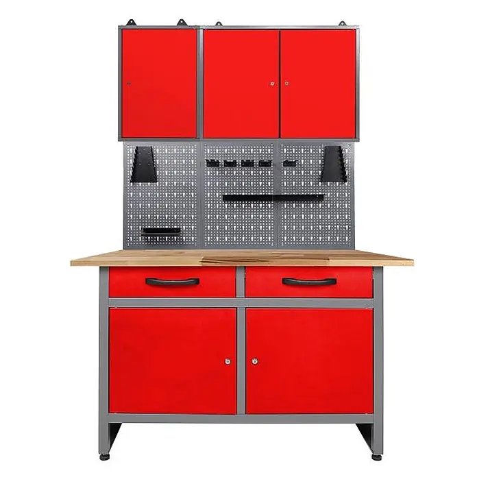 Ondis24 Werkbank-Set - L x B: 120 x 60 cm, Arbeitshöhe: 850 mm, Metall - Rote und graue Metallwerkbank mit Holzarbeitsplatte, Schubladen, Unterschränken und einer Überbaueinheit mit Lochwand und roten Lagerschränken.