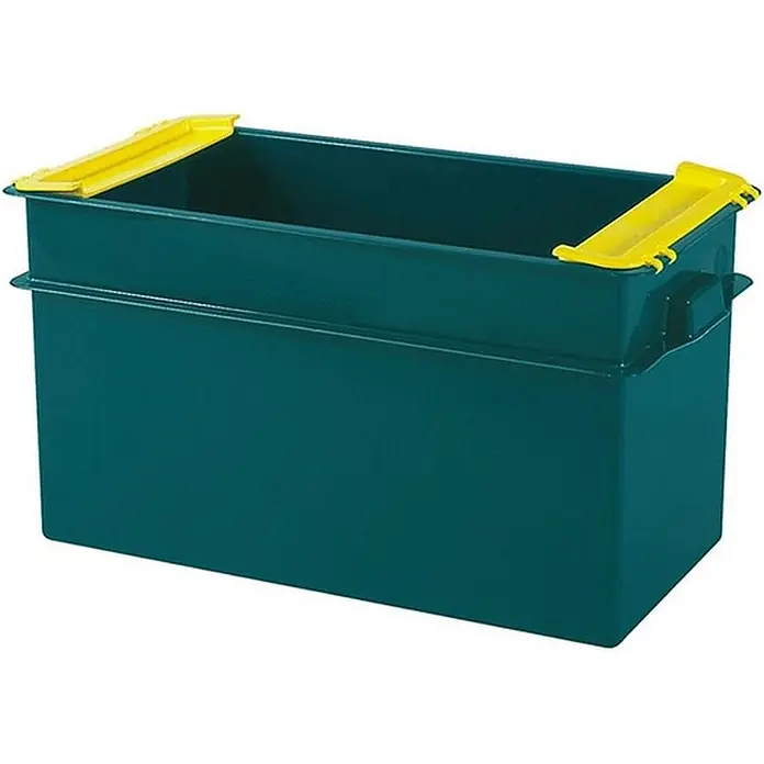 BRB Konischer Mehrzweckbehälter LxBxH 79x40x41 cm, 100 Liter, mit Stapelklappen -  - Rechteckiger, türkisfarbener Kunststoff-Aufbewahrungsbehälter mit gelben Clips am oberen Rand.