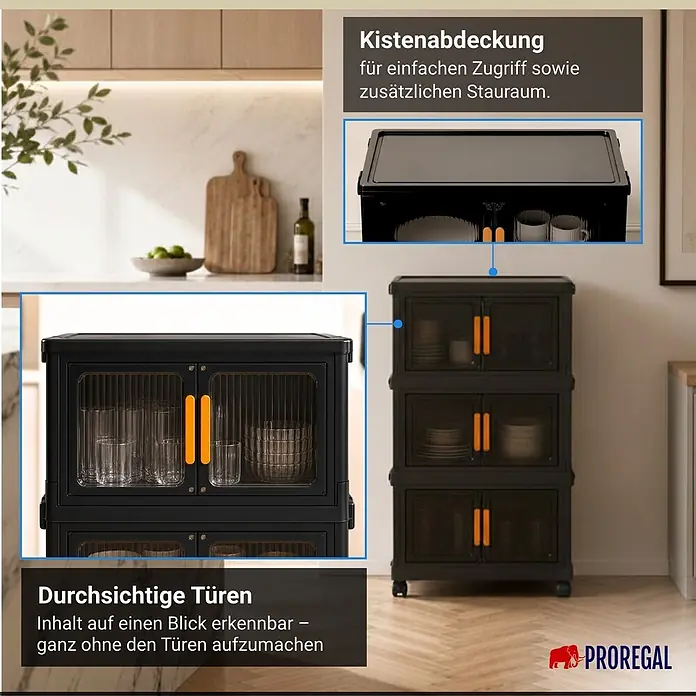 Berlinlodge Aufbewahrungsbox Aufbewahrungsboxen EasyCube stapelbar 4 Ebenen und Rollen 19L Schwarz - L x B x H: 26,5 x 39 x 25,5 cm, Kunststoff, Schwarz - Schwarzer, stapelbarer Schrank mit transparenten Türen und orangefarbenen Griffen, gefüllt mit Geschirr, in einer Küche. Obere Abdeckung bietet zusätzlichen Stauraum.