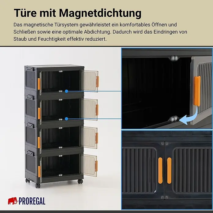 Berlinlodge Aufbewahrungsbox Aufbewahrungsboxen EasyCube stapelbar 4 Ebenen und Rollen 19L Schwarz - L x B x H: 26,5 x 39 x 25,5 cm, Kunststoff, Schwarz - Schwarzes mehrstöckiges Aufbewahrungsregal mit orangen Griffen und Magnettüren für Staub- und Feuchtigkeitsschutz.