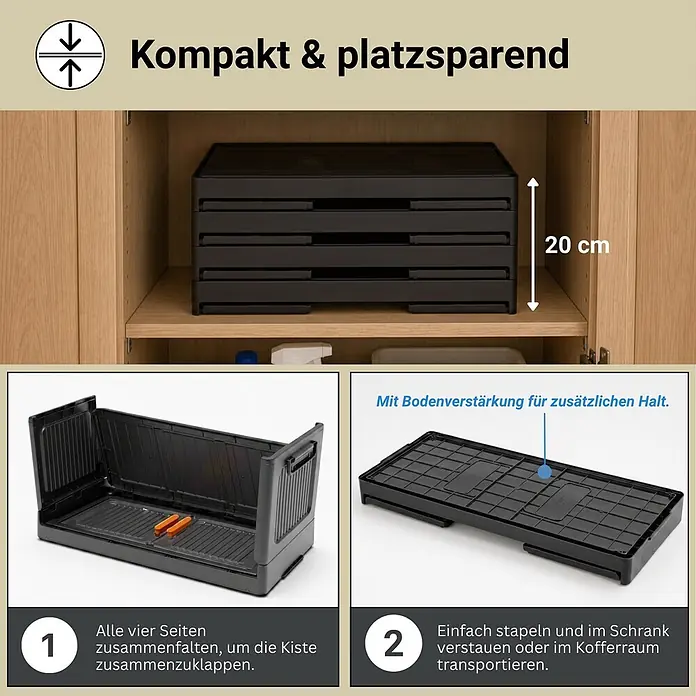 Berlinlodge Aufbewahrungsbox Aufbewahrungsboxen EasyCube stapelbar 4 Ebenen und Rollen 19L Schwarz - L x B x H: 26,5 x 39 x 25,5 cm, Kunststoff, Schwarz - Schwarze, faltbare Aufbewahrungsbox, die kompakt im Schrank gestapelt ist. Bodenverstärkung für zusätzlichen Halt.