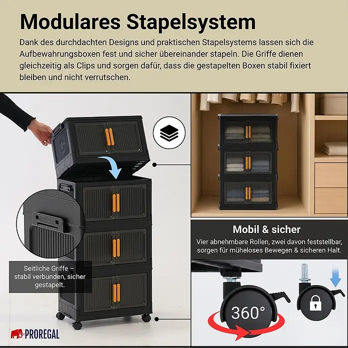 Berlinlodge Aufbewahrungsbox Aufbewahrungsboxen EasyCube stapelbar 4 Ebenen und Rollen 19L Schwarz - L x B x H: 26,5 x 39 x 25,5 cm, Kunststoff, Schwarz - Schwarzes modulares Stapelregalsystem mit orangefarbenen Griffen, sicheren Clips und mobilen Rollen mit Feststellfunktion.