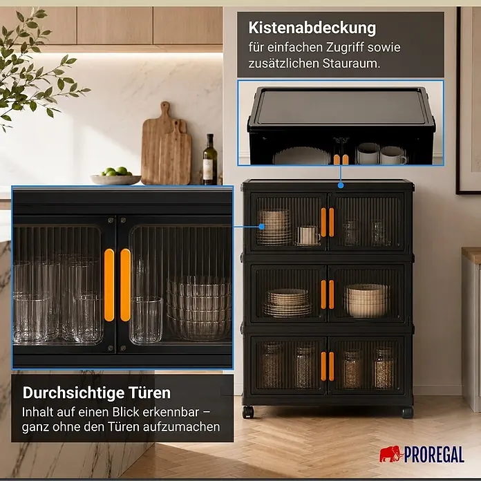 Berlinlodge Aufbewahrungsbox Aufbewahrungsboxen EasyCube stapelbar 4 Ebenen und Rollen 28L Schwarz - L x B x H: 28 x 48 x 25,5 cm, Kunststoff, Schwarz - Schwarzer modularer Aufbewahrungsschrank mit transparenten geriffelten Türen und orangefarbenen Griffen, gefüllt mit Geschirr in einer Küche. Bietet sichtbaren, zugänglichen Stauraum und eine obere Ablage.