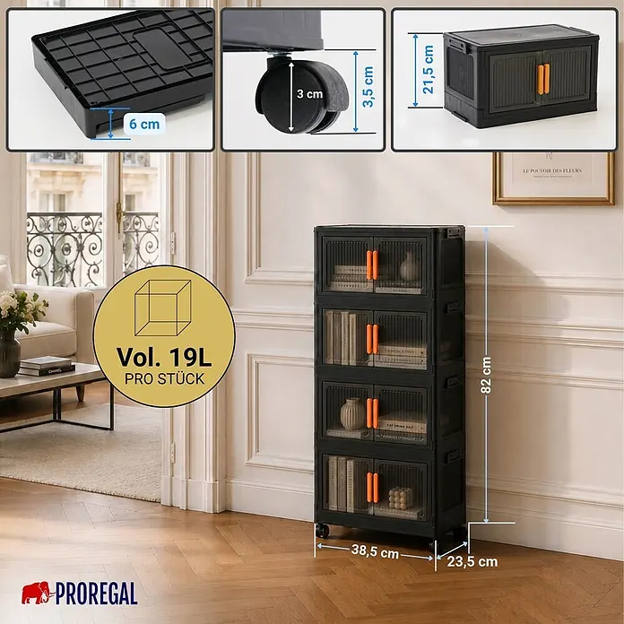Berlinlodge Aufbewahrungsbox Aufbewahrungsboxen EasyCube stapelbar 4 Ebenen und Rollen 19L Schwarz - L x B x H: 26,5 x 39 x 25,5 cm, Kunststoff, Schwarz - Schwarzer modularer Aufbewahrungsschrank mit orangefarbenen Griffen und Rollen, in einem Wohnzimmer. Gesamtmaße: 82x38,5x23,5 cm.