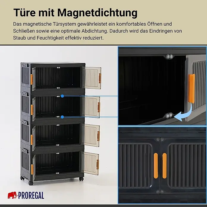 Berlinlodge Aufbewahrungsbox Aufbewahrungsboxen EasyCube stapelbar 4 Ebenen und Rollen 28L Schwarz - L x B x H: 28 x 48 x 25,5 cm, Kunststoff, Schwarz - Schwarzes Aufbewahrungsregal mit Magnetdichtungstüren und orangefarbenen Griffen für Staub- und Feuchtigkeitsschutz.