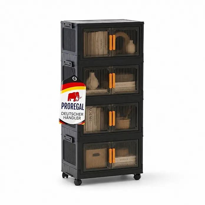Berlinlodge Aufbewahrungsbox Aufbewahrungsboxen EasyCube stapelbar 4 Ebenen und Rollen 19L Schwarz - L x B x H: 26,5 x 39 x 25,5 cm, Kunststoff, Schwarz - Schwarzer, mehrstöckiger Rollschrank mit transparenten, gerippten Türen, orangefarbenen Griffen und Rollen. Enthält Bücher und Deko.