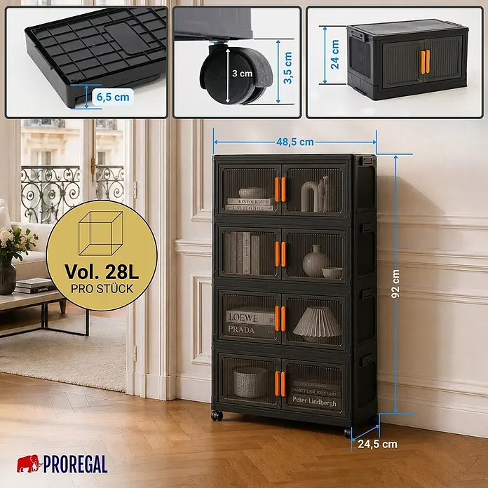 Berlinlodge Aufbewahrungsbox Aufbewahrungsboxen EasyCube stapelbar 4 Ebenen und Rollen 28L Schwarz - L x B x H: 28 x 48 x 25,5 cm, Kunststoff, Schwarz - Schwarzer faltbarer Rollschrank mit orangefarbenen Griffen, 92x48,5x24,5 cm, 28L Volumen pro Fach.