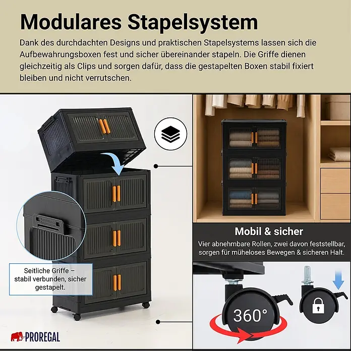 Berlinlodge Aufbewahrungsbox Aufbewahrungsboxen EasyCube stapelbar 4 Ebenen und Rollen 28L Schwarz - L x B x H: 28 x 48 x 25,5 cm, Kunststoff, Schwarz - Schwarze modulare Aufbewahrungsboxen mit orangen Griffen, stapelbar mit feststellbaren Rollen für mobile Organisation.
