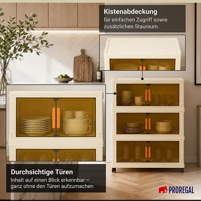 Berlinlodge Aufbewahrungsbox Aufbewahrungsboxen EasyCube stapelbar 4 Ebenen und Rollen 39L Weiß - Kunststoff, Weiß - Modulares beiger Aufbewahrungsschrank mit transparenten, gerippten, bernsteinfarbenen Türen und orangefarbenen Griffen, gefüllt mit Geschirr. Mit Deckel und Rollen.