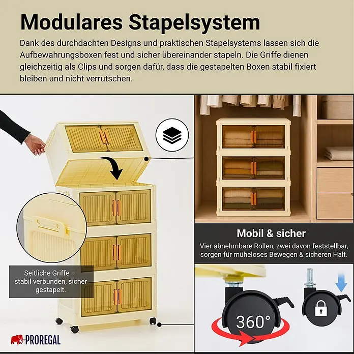 Berlinlodge Aufbewahrungsbox Aufbewahrungsboxen EasyCube stapelbar 4 Ebenen und Rollen 39L Weiß - Kunststoff, Weiß - Modulare, cremefarbene Stapelboxen mit Clip-Griffen und abnehmbaren 360°-Rollen, zwei feststellbar, für stabilen Halt und Mobilität.