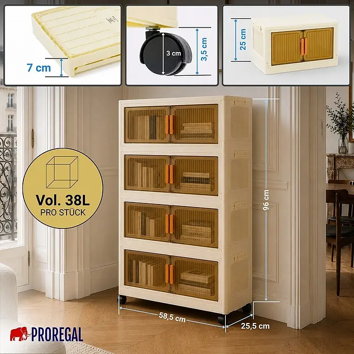 Berlinlodge Aufbewahrungsbox Aufbewahrungsboxen EasyCube stapelbar 4 Ebenen und Rollen 39L Weiß - Kunststoff, Weiß - Stapelbarer cremefarbener Kunststoffschrank mit bernsteinfarbenen Türen und Rollen, gefüllt mit Büchern im Wohnzimmer. 96x58.5x25.5 cm, 38L pro Einheit.