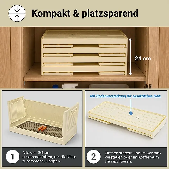 Berlinlodge Aufbewahrungsbox Aufbewahrungsboxen EasyCube stapelbar 4 Ebenen und Rollen 39L Weiß - Kunststoff, Weiß - Gestapelte beige zusammenklappbare Lagerkisten im Schrank, zeigen platzsparendes Design mit verstärktem Boden.