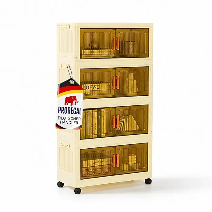 Berlinlodge Aufbewahrungsbox Aufbewahrungsboxen EasyCube stapelbar 4 Ebenen und Rollen 39L Weiß - Kunststoff, Weiß - Cremefarbenes 4-stöckiges Rollregal mit transparenten Türen.