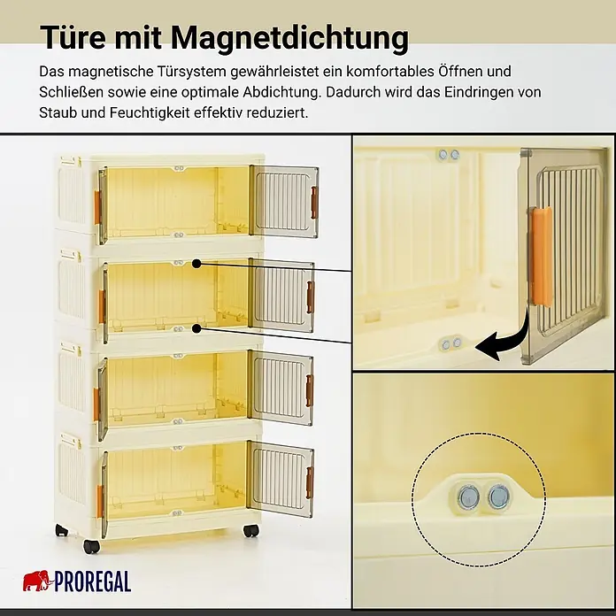 Berlinlodge Aufbewahrungsbox Aufbewahrungsboxen EasyCube stapelbar 4 Ebenen und Rollen 39L Weiß - Kunststoff, Weiß - Mehrschichtiger cremefarbener Aufbewahrungsschrank mit transparenten Türen und Magnetdichtung für Staub- und Feuchtigkeitsschutz.