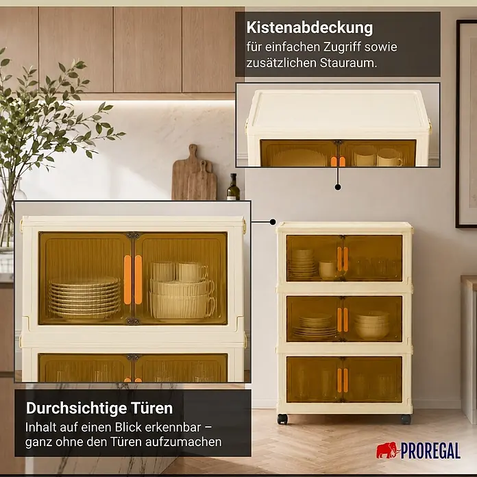 Berlinlodge Aufbewahrungsbox Aufbewahrungsboxen EasyCube stapelbar 4 Ebenen und Rollen 28L Weiß - Kunststoff, Weiß - Cremefarbenes, stapelbares Aufbewahrungsregal mit durchsichtigen, bernsteinfarbenen Türen, auf Rollen, gefüllt mit Geschirr in einer Küche.