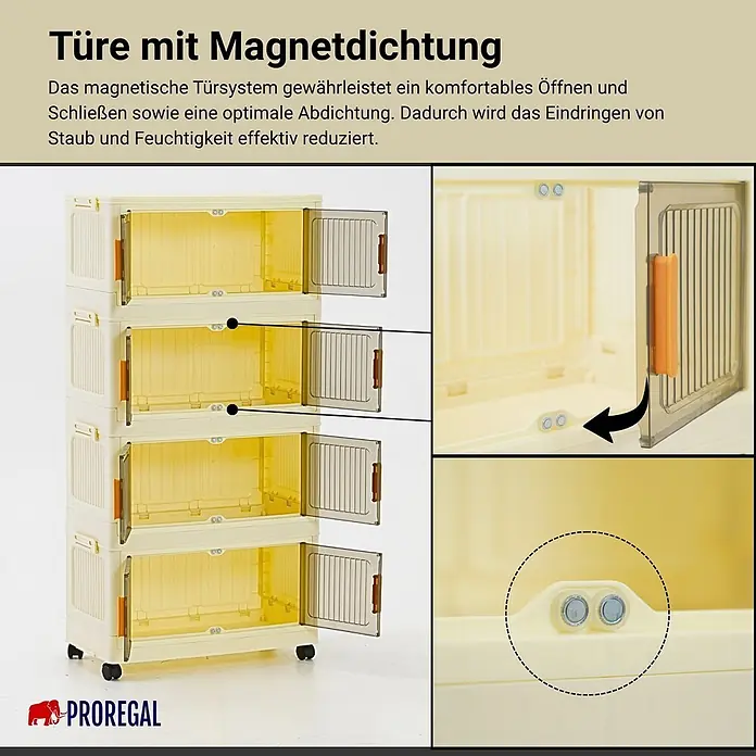 Berlinlodge Aufbewahrungsbox Aufbewahrungsboxen EasyCube stapelbar 4 Ebenen und Rollen 28L Weiß - Kunststoff, Weiß - Beiger faltbarer Aufbewahrungsschrank mit vier Fächern und durchsichtigen Magnettüren, Detailansicht der magnetischen Dichtung.