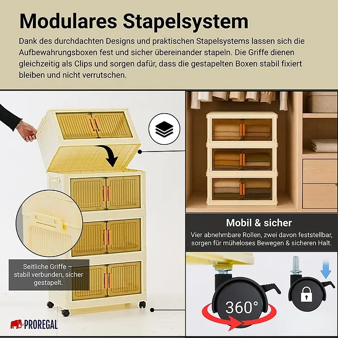 Berlinlodge Aufbewahrungsbox Aufbewahrungsboxen EasyCube stapelbar 4 Ebenen und Rollen 28L Weiß - Kunststoff, Weiß - Cremefarbene modulare Stapelboxen aus Kunststoff mit transparenten Türen und feststellbaren Rollen, zum Stapeln und Aufbewahren von Kleidung.