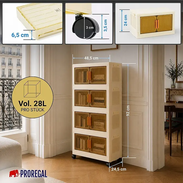Berlinlodge Aufbewahrungsbox Aufbewahrungsboxen EasyCube stapelbar 4 Ebenen und Rollen 28L Weiß - Kunststoff, Weiß - Stapelbares beigefarbenes Aufbewahrungsregal mit braunen transparenten Türen, orangen Griffen und Rollen. Gesamtmaße 92cm H x 48,5cm B x 24,5cm T, 28L pro Einheit.