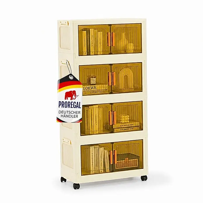 Berlinlodge Aufbewahrungsbox Aufbewahrungsboxen EasyCube stapelbar 4 Ebenen und Rollen 28L Weiß - Kunststoff, Weiß - Beiger vierstöckiger Schrank mit transluzenten bernsteinfarbenen Türen, orangefarbenen Griffen, Rollen und einem 'PROREGAL DEUTSCHER HÄNDLER' Tag, gefüllt mit Büchern.