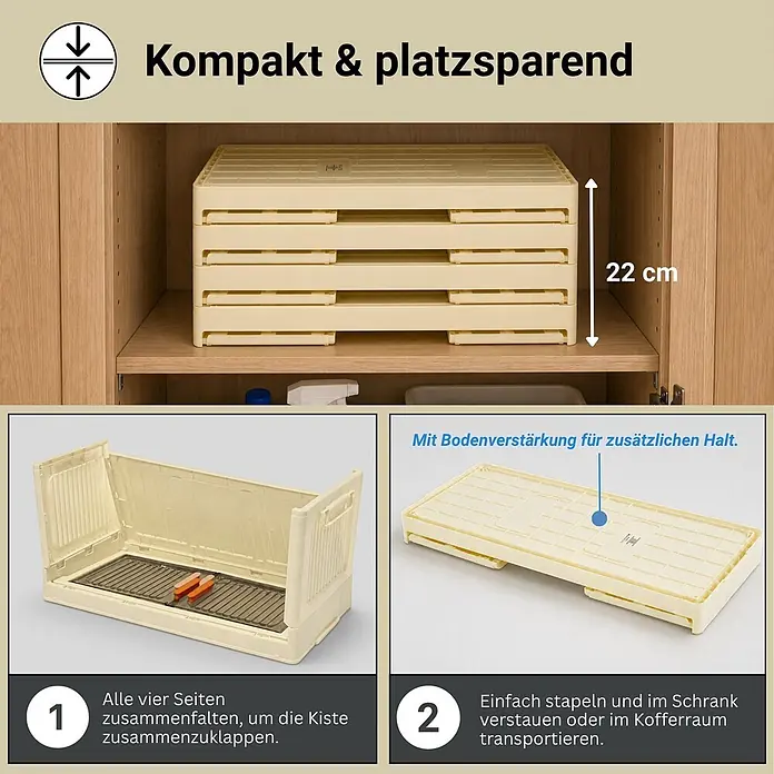 Berlinlodge Aufbewahrungsbox Aufbewahrungsboxen EasyCube stapelbar 4 Ebenen und Rollen 28L Weiß - Kunststoff, Weiß - Beige Kunststoff-Faltboxen, kompakt in einem Schrank gestapelt und gefaltet zur platzsparenden Aufbewahrung gezeigt.