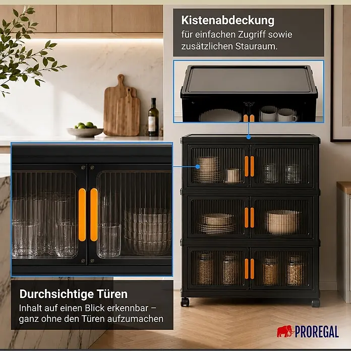 Berlinlodge Aufbewahrungsbox Aufbewahrungsboxen EasyCube stapelbar 4 Ebenen und Rollen 39L Schwarz - L x B x H: 28 x 60 x 25,5 cm, Kunststoff, Schwarz - Schwarzer Aufbewahrungsschrank mit gerippten Klarsichttüren, orangefarbenen Griffen und Deckel für einfachen Zugriff und zusätzlichen Stauraum.