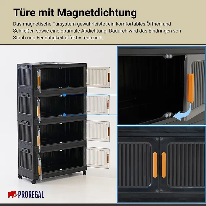 Berlinlodge Aufbewahrungsbox Aufbewahrungsboxen EasyCube stapelbar 4 Ebenen und Rollen 39L Schwarz - L x B x H: 28 x 60 x 25,5 cm, Kunststoff, Schwarz - Schwarzer, mehrstöckiger Rollschrank mit transparenten Türen, orangefarbenen Griffen und Magnetdichtung für Staub- und Feuchtigkeitsschutz.