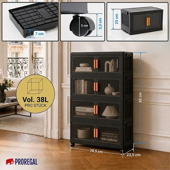 Berlinlodge Aufbewahrungsbox Aufbewahrungsboxen EasyCube stapelbar 4 Ebenen und Rollen 39L Schwarz - L x B x H: 28 x 60 x 25,5 cm, Kunststoff, Schwarz - Schwarzer faltbarer Aufbewahrungsschrank mit orangefarbenen Griffen, 5 gestapelte Einheiten auf Rollen, 82 cm hoch, 38,5 cm breit.