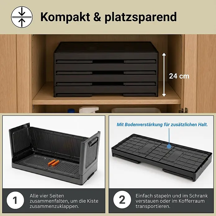 Berlinlodge Aufbewahrungsbox Aufbewahrungsboxen EasyCube stapelbar 4 Ebenen und Rollen 39L Schwarz - L x B x H: 28 x 60 x 25,5 cm, Kunststoff, Schwarz - Schwarze faltbare Kunststoff-Aufbewahrungsbox, stapelbar und platzsparend, gefaltet gezeigt und mit verstärktem Boden.