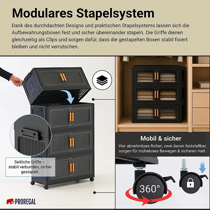 Berlinlodge Aufbewahrungsbox Aufbewahrungsboxen EasyCube stapelbar 4 Ebenen und Rollen 39L Schwarz - L x B x H: 28 x 60 x 25,5 cm, Kunststoff, Schwarz - Schwarzes modulares Aufbewahrungssystem mit orangen Griffen, stapelbar mit stabilen Seitenclips und mobilen, 360° feststellbaren Rollen.