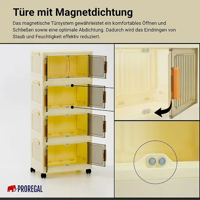 Berlinlodge Aufbewahrungsbox Aufbewahrungsboxen EasyCube stapelbar 4 Ebenen und Rollen 19L Weiß - Kunststoff, Weiß - Vier cremefarbene stapelbare Aufbewahrungsschränke mit transparenten Türen, Magnetdichtung und Rollen.