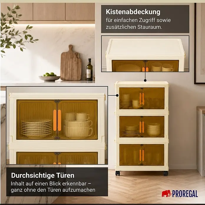 Berlinlodge Aufbewahrungsbox Aufbewahrungsboxen EasyCube stapelbar 4 Ebenen und Rollen 19L Weiß - Kunststoff, Weiß - Ein cremefarbenes, mehrstufiges Aufbewahrungsschrank mit transluzenten bernsteinfarbenen Türen und abnehmbarer Platte, für Geschirr in einer Küche.