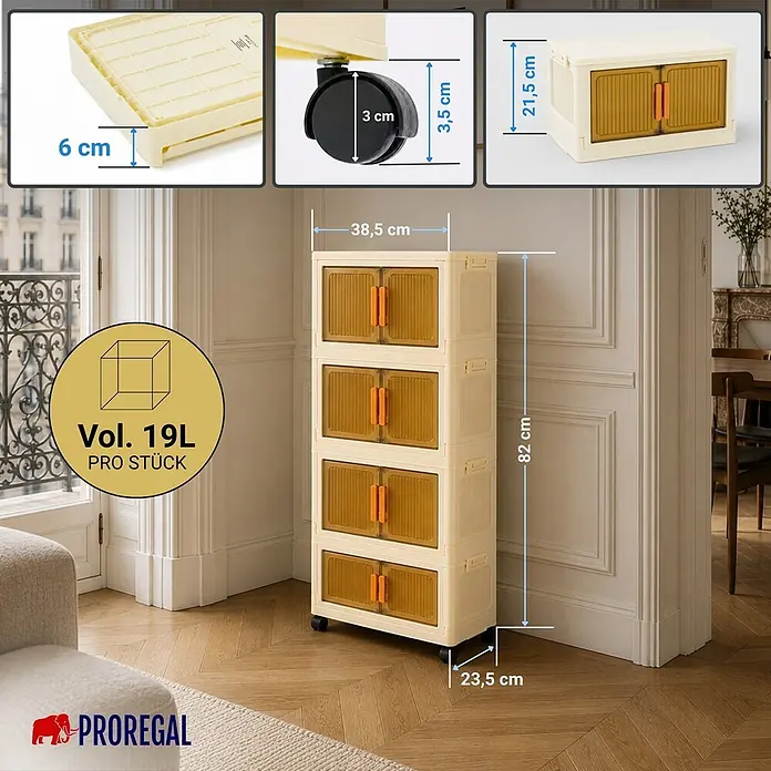 Berlinlodge Aufbewahrungsbox Aufbewahrungsboxen EasyCube stapelbar 4 Ebenen und Rollen 19L Weiß - Kunststoff, Weiß - Cremefarbener 5-stöckiger Stapelschrank mit amberfarbenen Türen und Rollen, Maße (82x38,5x23,5 cm). Jedes Fach 19L.