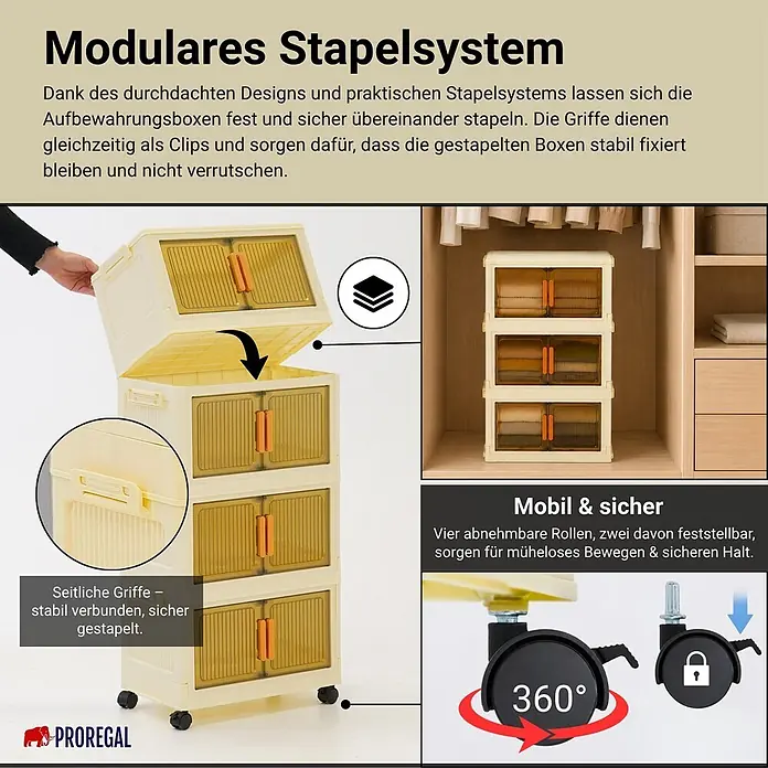 Berlinlodge Aufbewahrungsbox Aufbewahrungsboxen EasyCube stapelbar 4 Ebenen und Rollen 19L Weiß - Kunststoff, Weiß - Cremefarbene modulare Stapelboxen mit orangen Griffen & transluzenten Fronten. Stapelbar mit Clips, 360° feststellbare Rollen für leichte Bewegung.